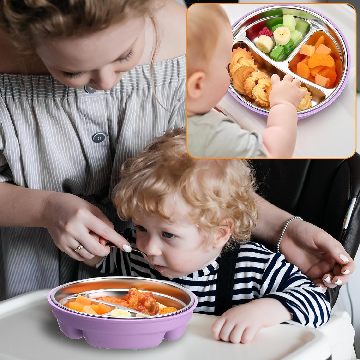 Nuogo 2 Pcs Stainless Steel Baby Plates with Suction and Silicone Shell 1