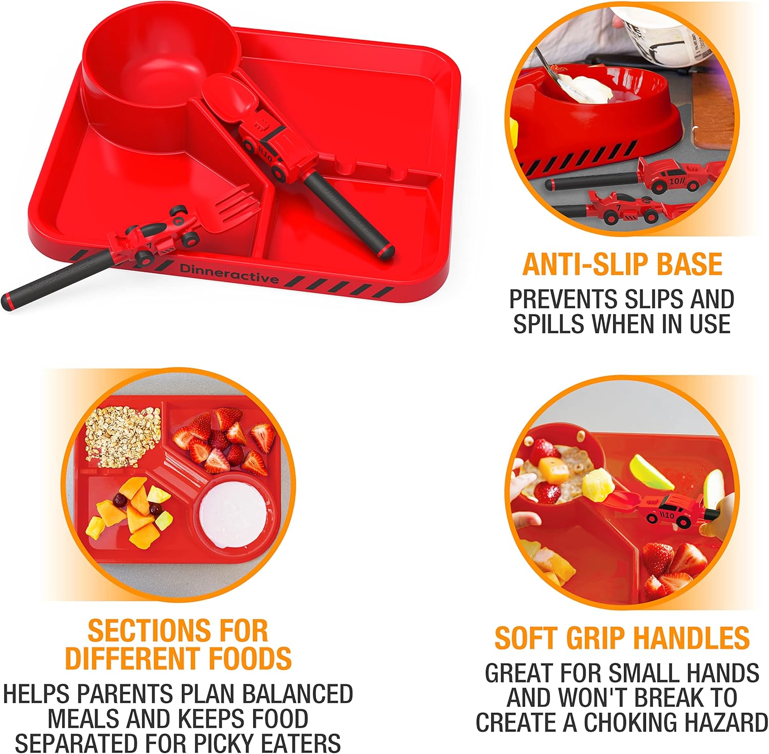 Dinneractive Kids 3PC Red Race Car Plates Set