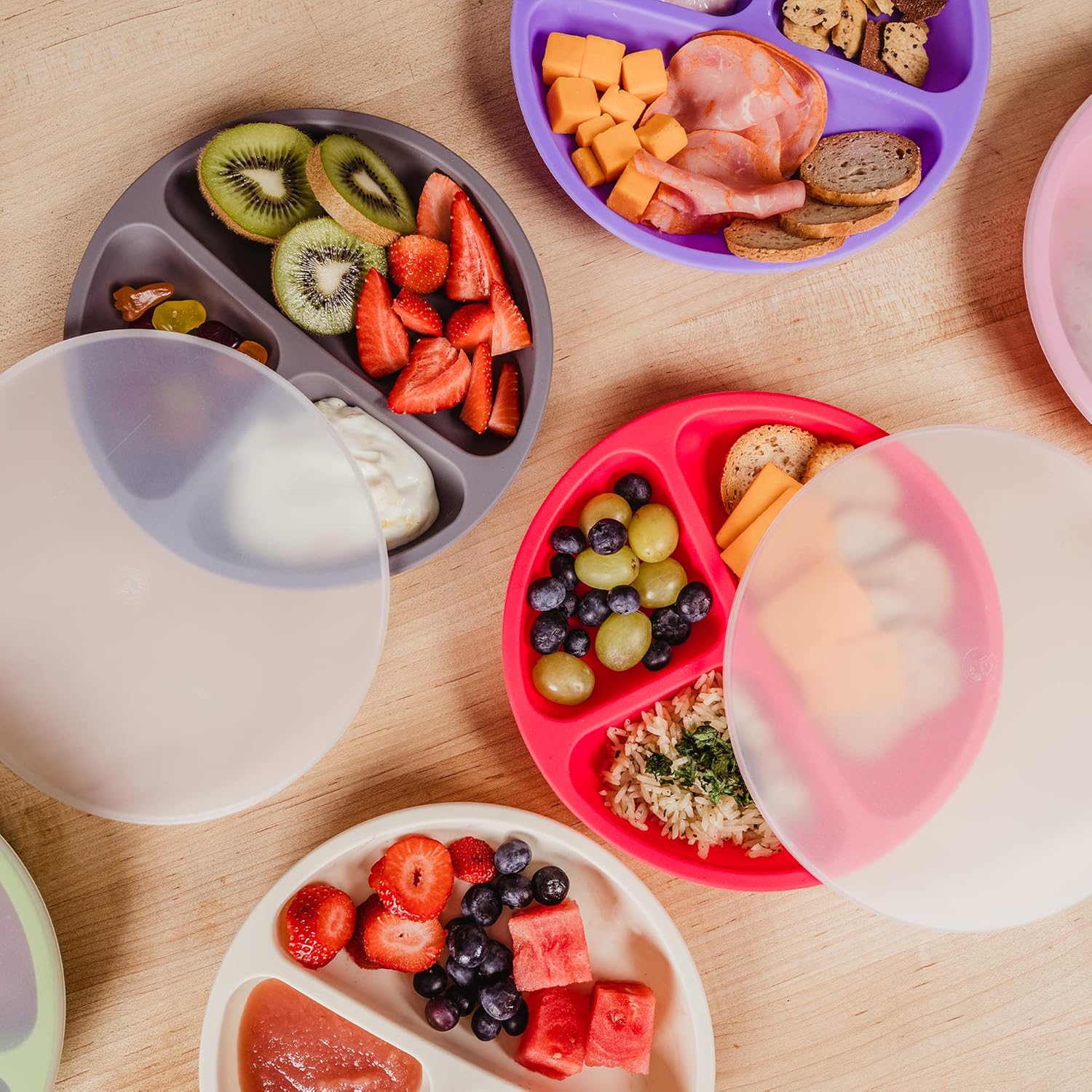 WeeSprout 3-Pack Silicone Plates with Lids for Babies Toddlers