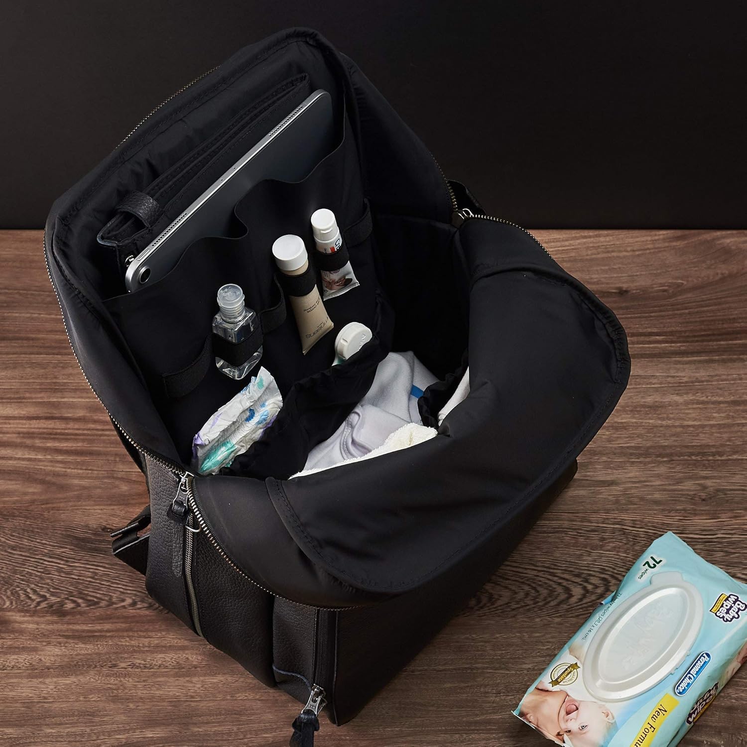 Capra Leather Black Diaper Bag Backpack