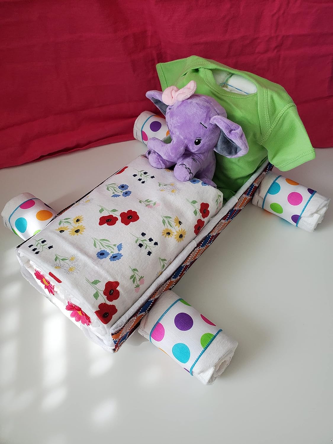 Racecar Diaper Cake with Flowers and Polka Dots 1