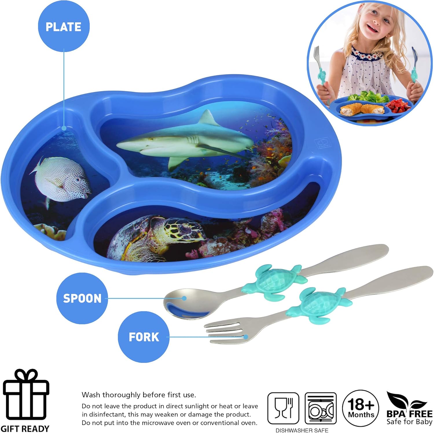 KidsFunwares Ocean Divided Plate Set with Utensils