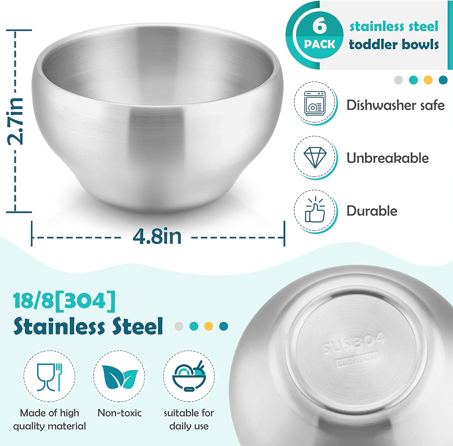 HaWare 6-Piece Stainless Steel Toddler Bowls
