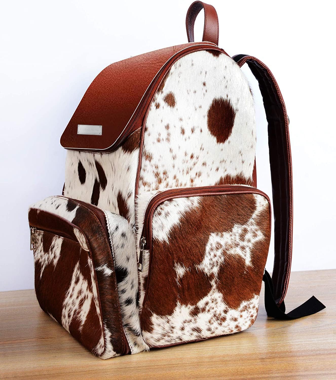 UGFashions Cowhide Diaper Bag Backpack Brown White