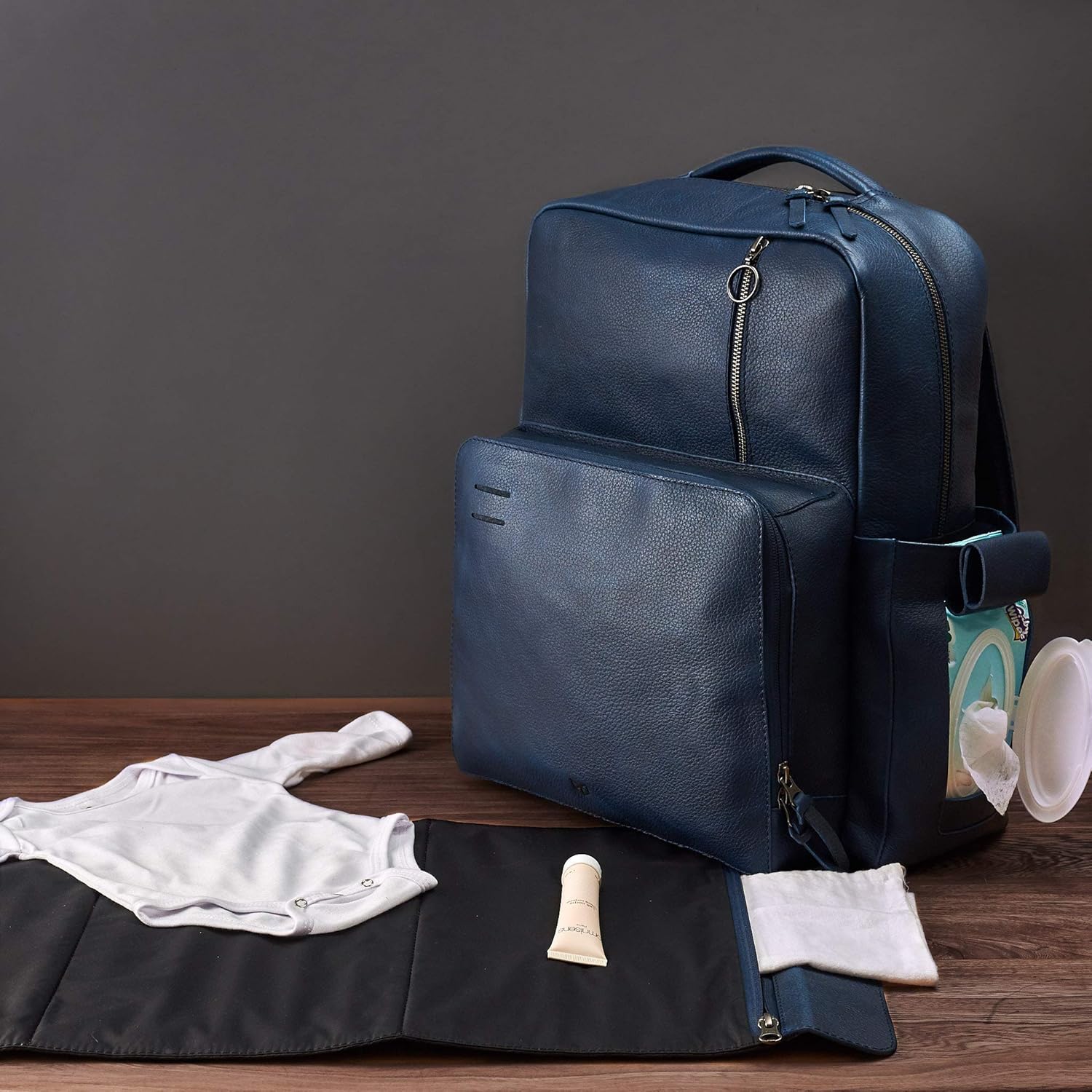 Capra Leather Blue Diaper Bag Backpack Multi Functional with Changing Pad