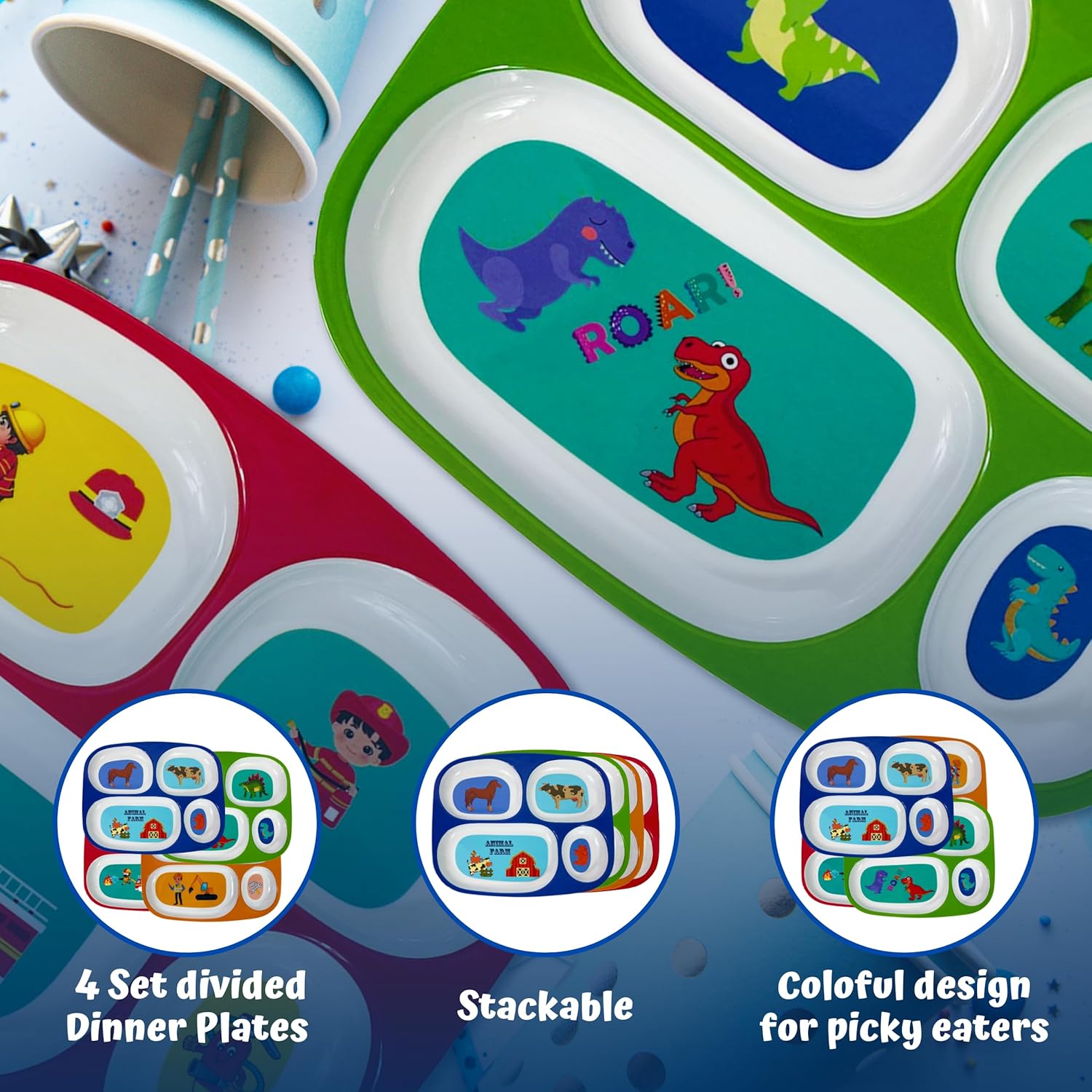 4Es Novelty Set of 4 Melamine Dinner Plates for Kids