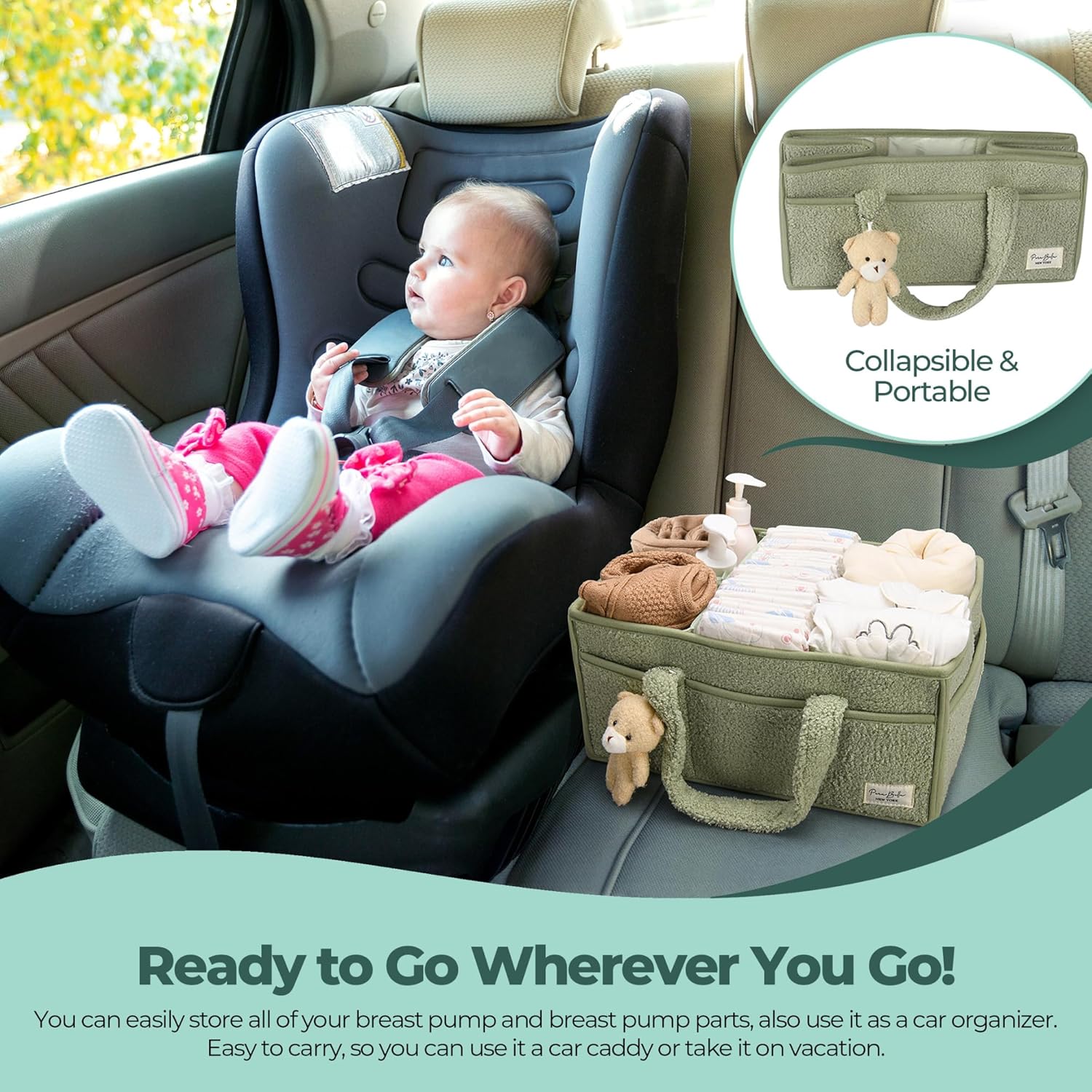 PeraBella Diaper Caddy Organizer with Teddy Bear Charm