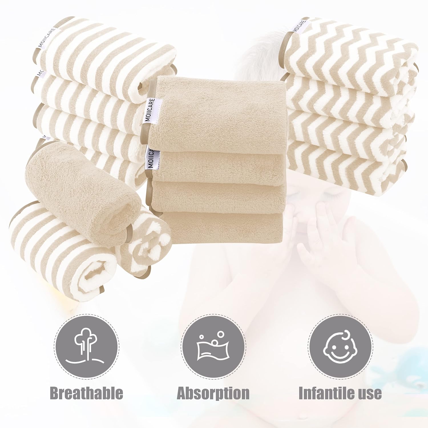 15 Pack Super Soft Baby Washcloths - 10x10 Brown