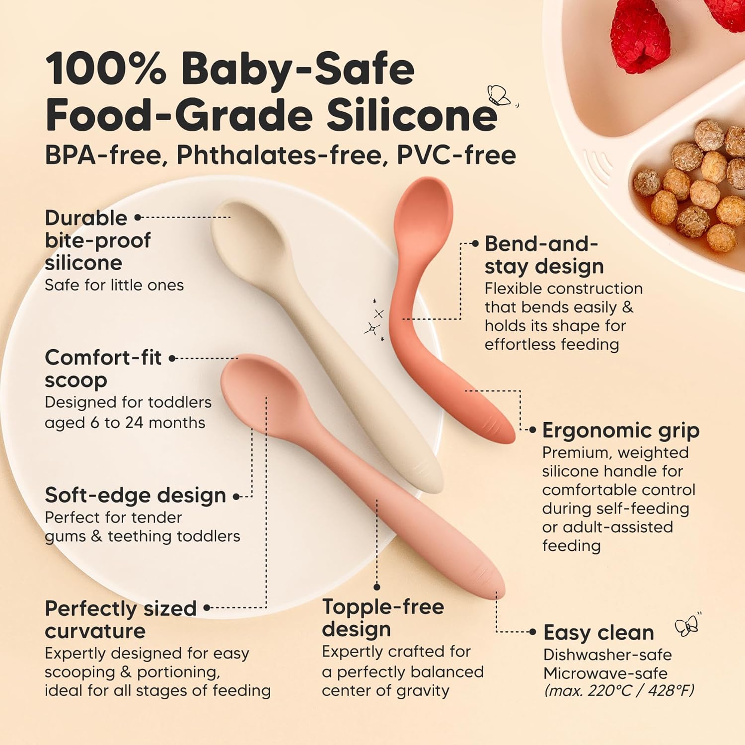 KeaBabies 3-Pack Silicone Baby Spoons for Self-Feeding