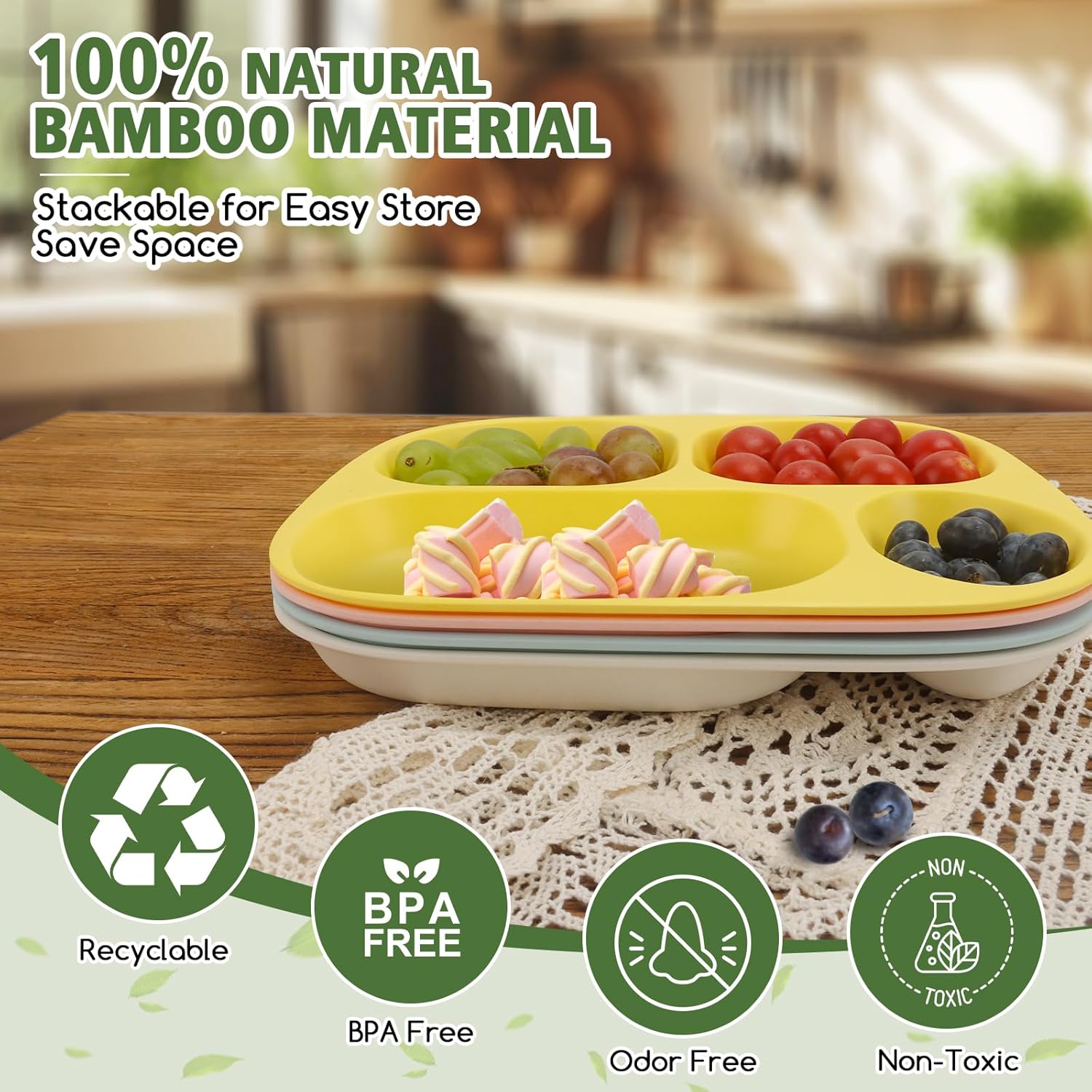 Shopwithgreen Bamboo Divided Plates Set of 4