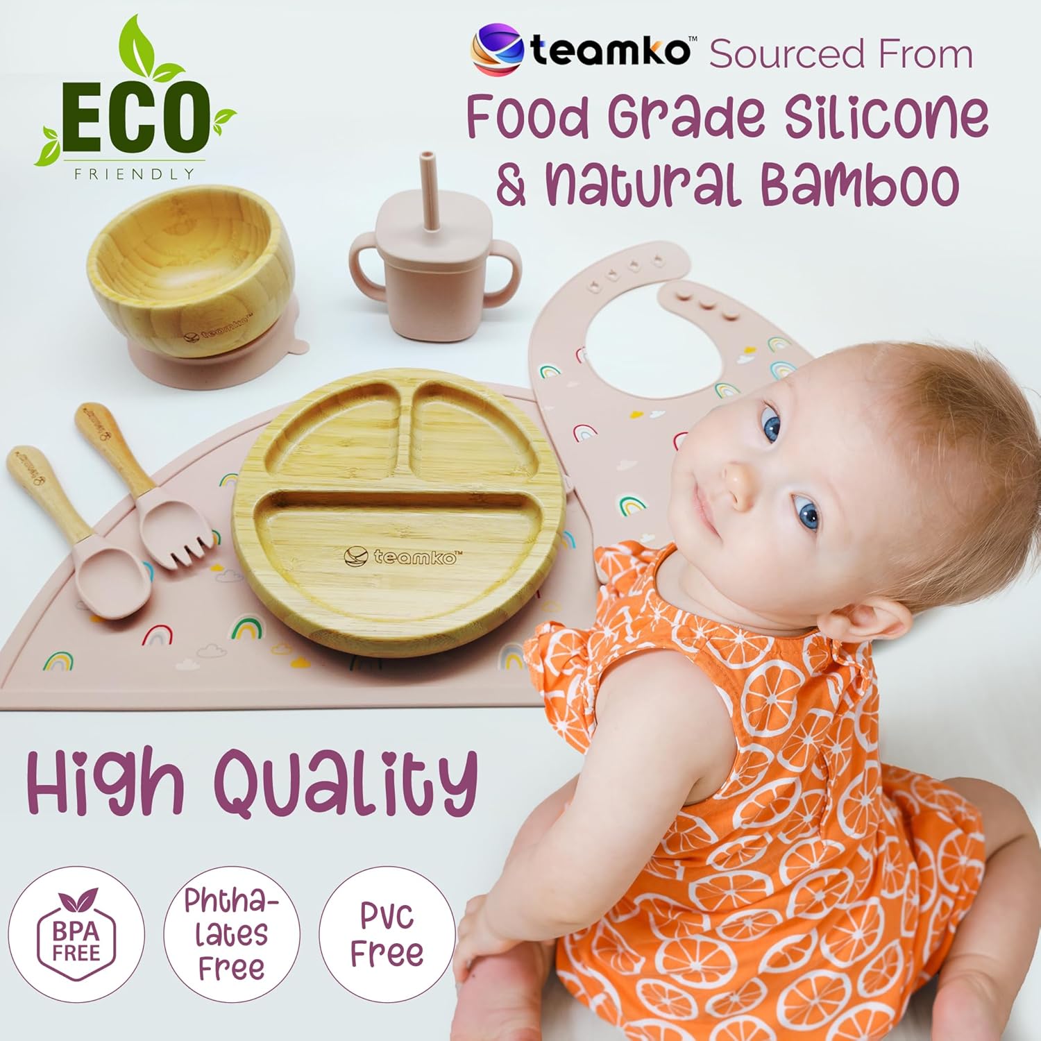 Teamko Silicone Baby Feeding Set with Bamboo Plate and Bowl 1