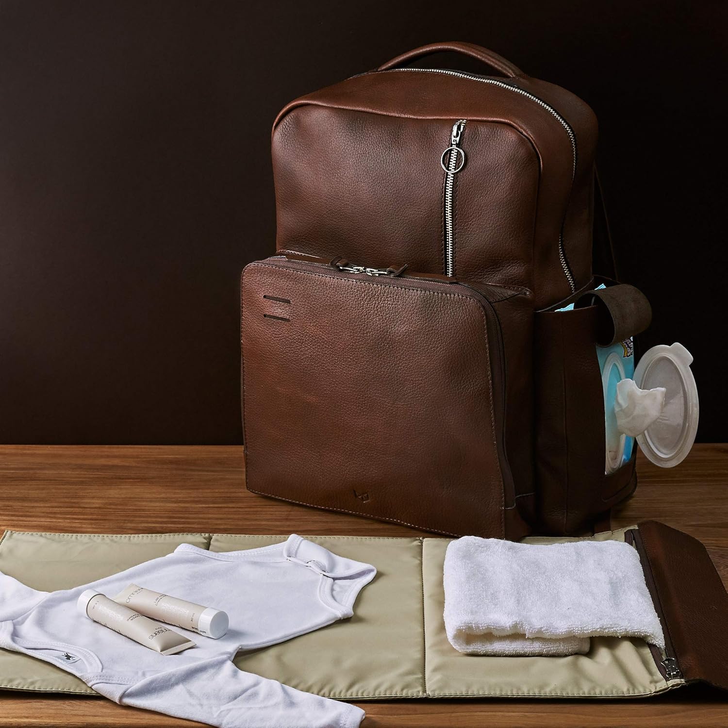 Brown Leather Diaper Bag Backpack with Changing Pad