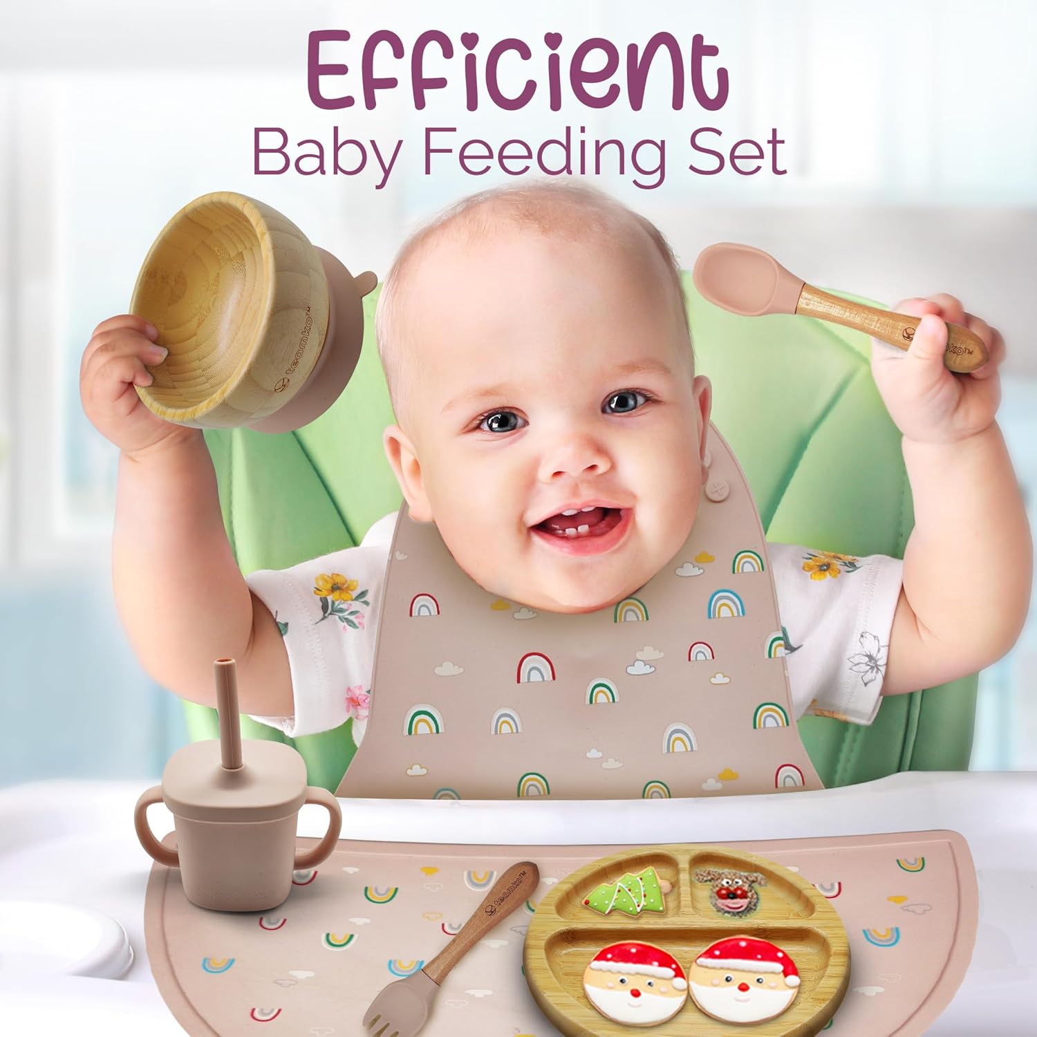 Teamko Silicone Baby Feeding Set with Bamboo Plate and Bowl 1