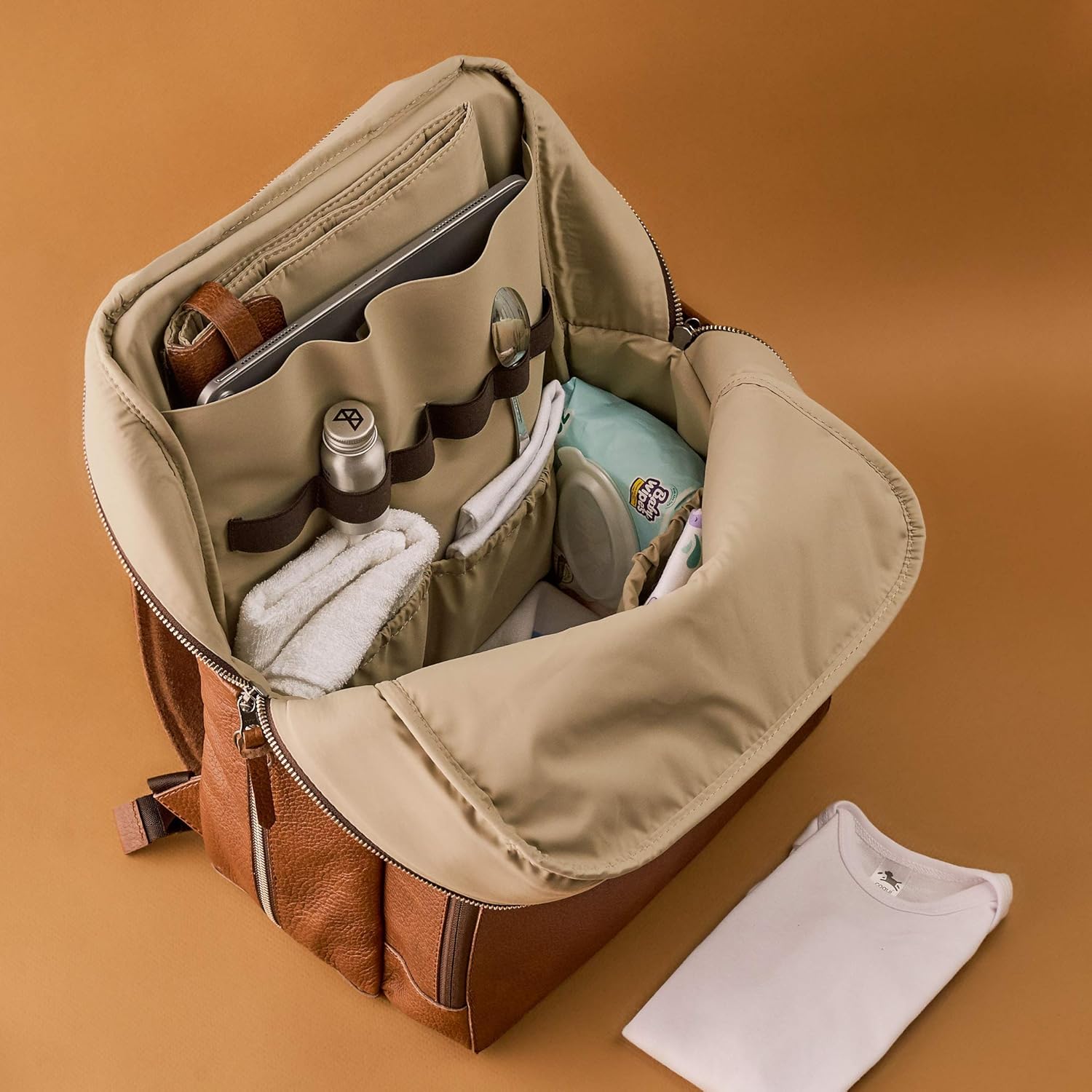 Tan Leather Diaper Bag Backpack for Mom and Dad