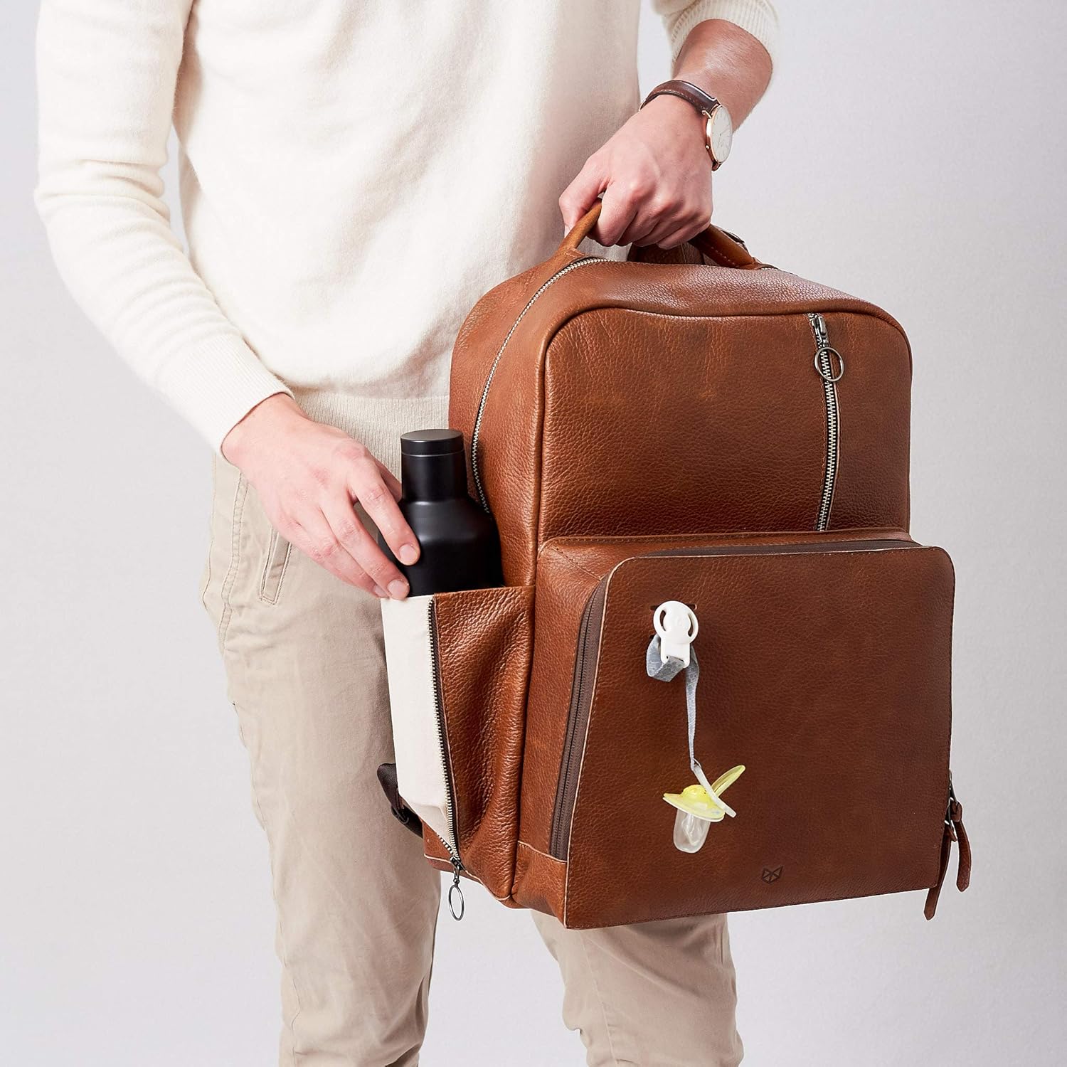 Tan Leather Diaper Bag Backpack for Mom and Dad