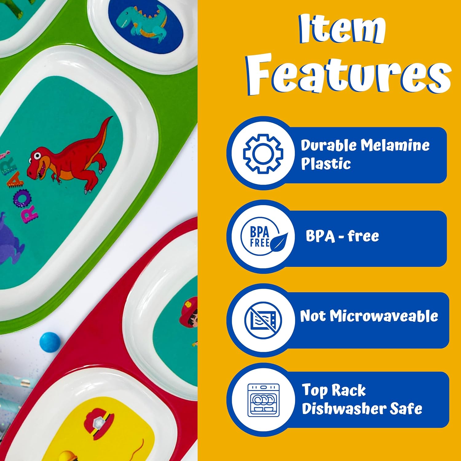 4Es Novelty Set of 4 Melamine Dinner Plates for Kids
