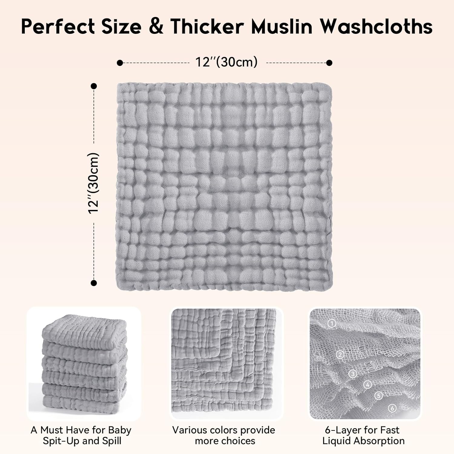 Unnivoll Muslin Baby Washcloths 6 Pack - 12x12 Light Gray 1