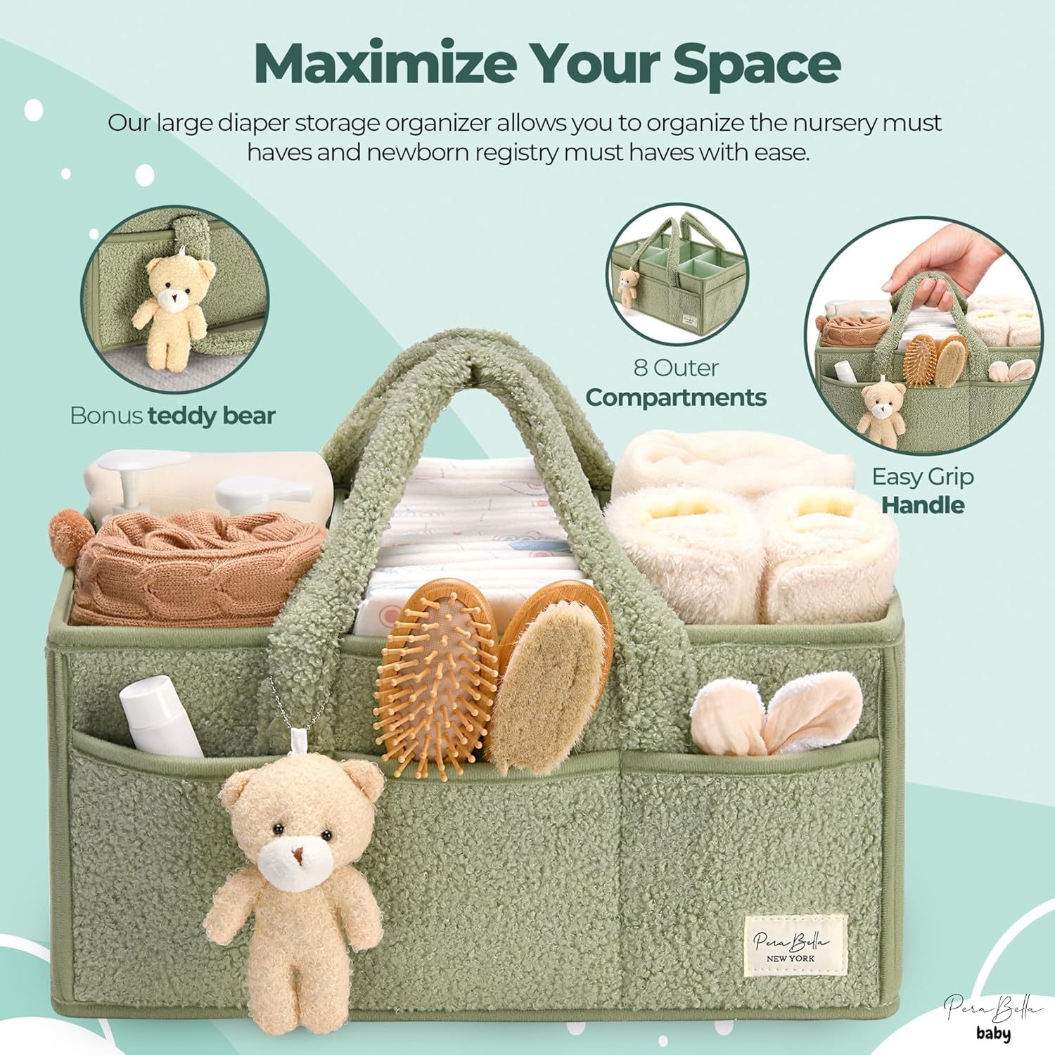 PeraBella Diaper Caddy Organizer with Teddy Bear Charm