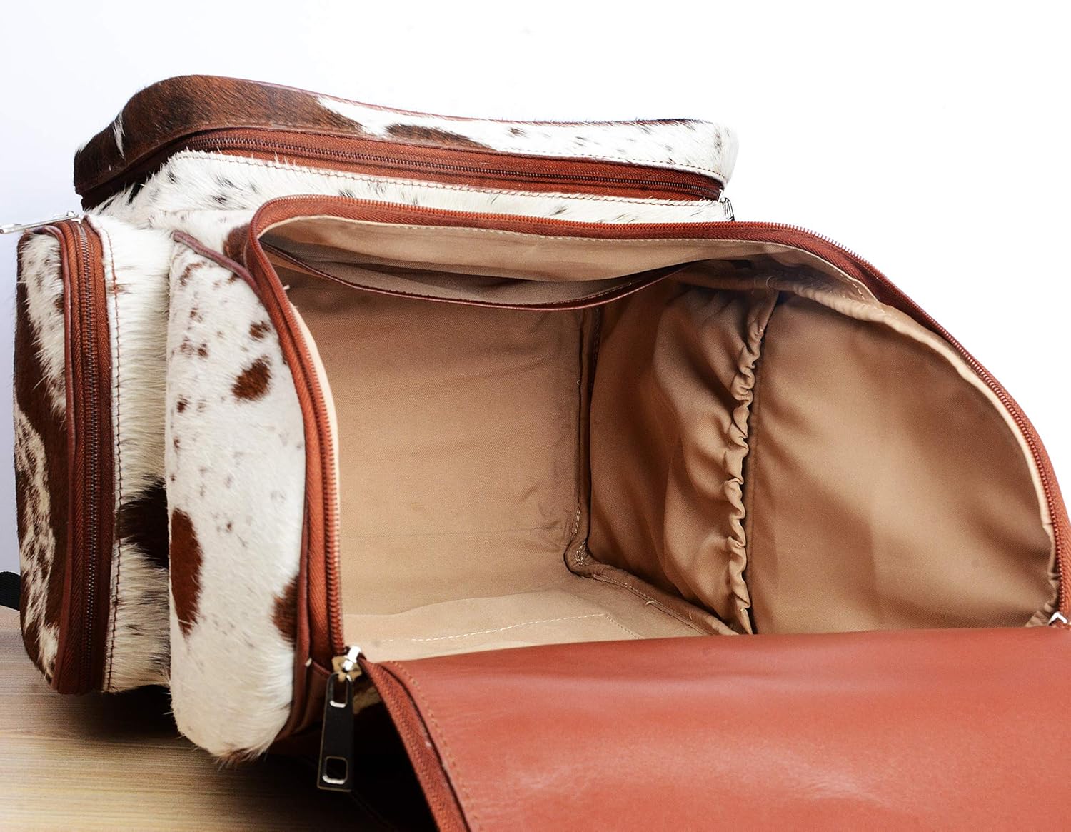 UGFashions Cowhide Diaper Bag Backpack Brown White