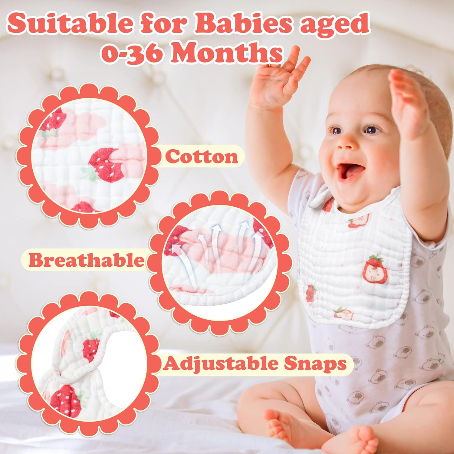 Zainpe 6Pcs Snap Muslin Baby Bibs with 6 Layers