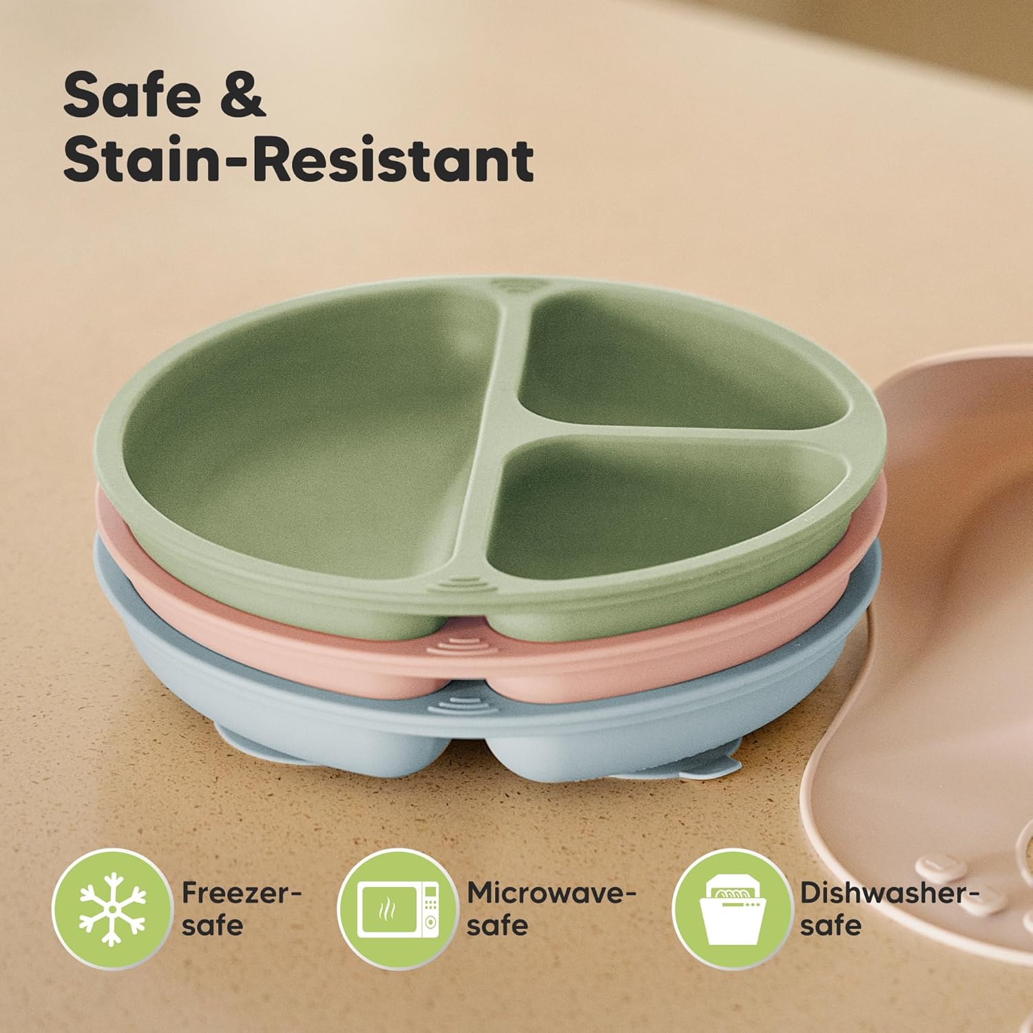 KeaBabies Suction Plates - 3-Pack BPA-Free Silicone Toddler Plates with PrepGrip Technology