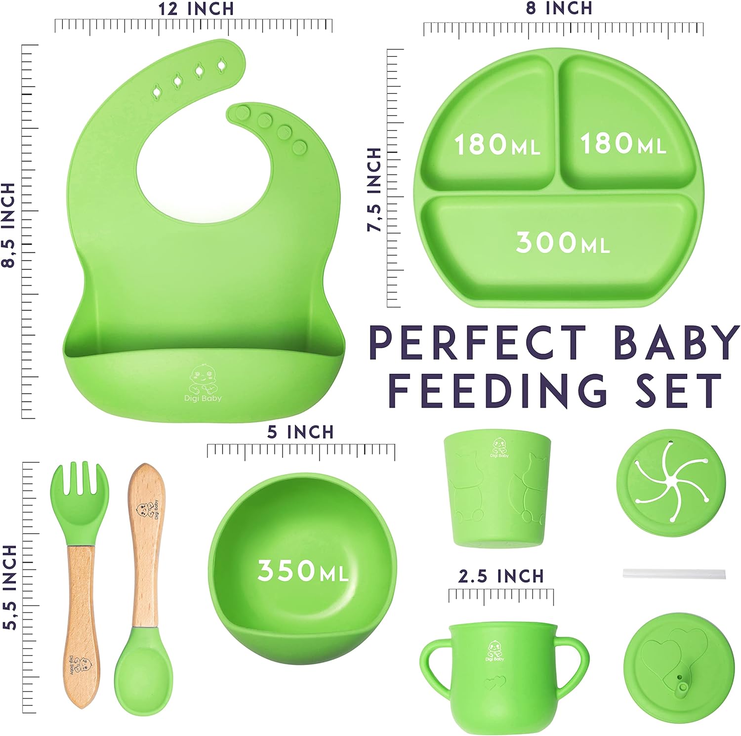 Digi Baby Led Weaning 7 Piece Silicone Feeding Set - Green