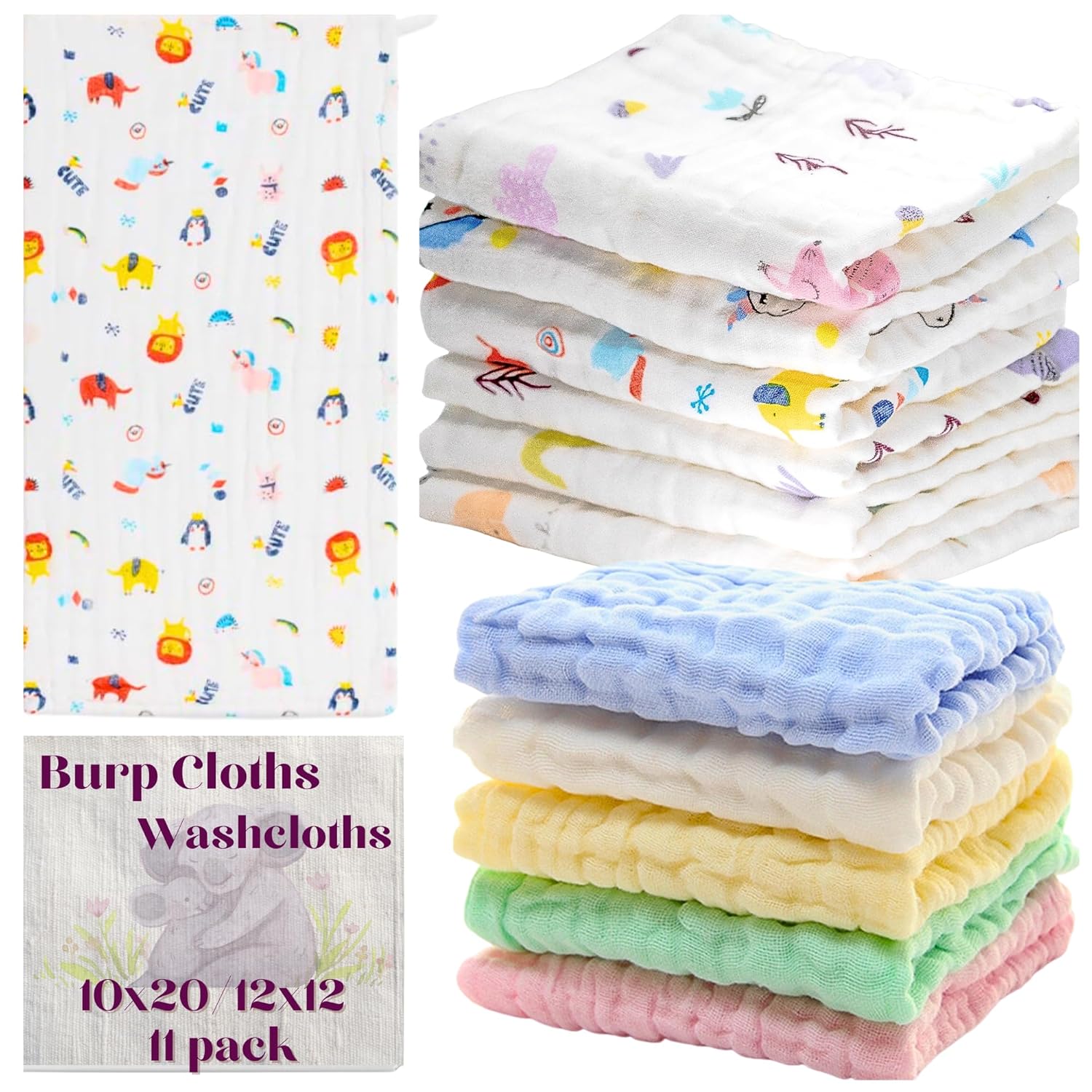La Belle Beeno 11-Pack Baby Muslin Burp Cloths Washcloths