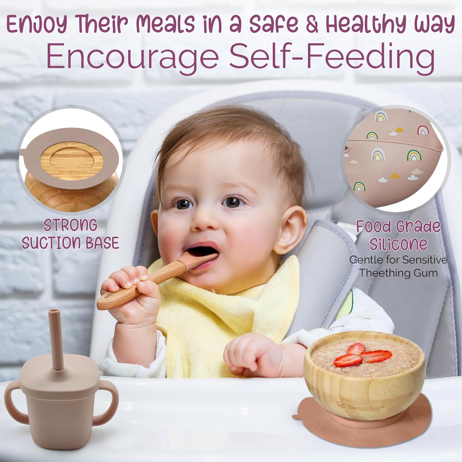 Teamko Silicone Baby Feeding Set with Bamboo Plate and Bowl 1
