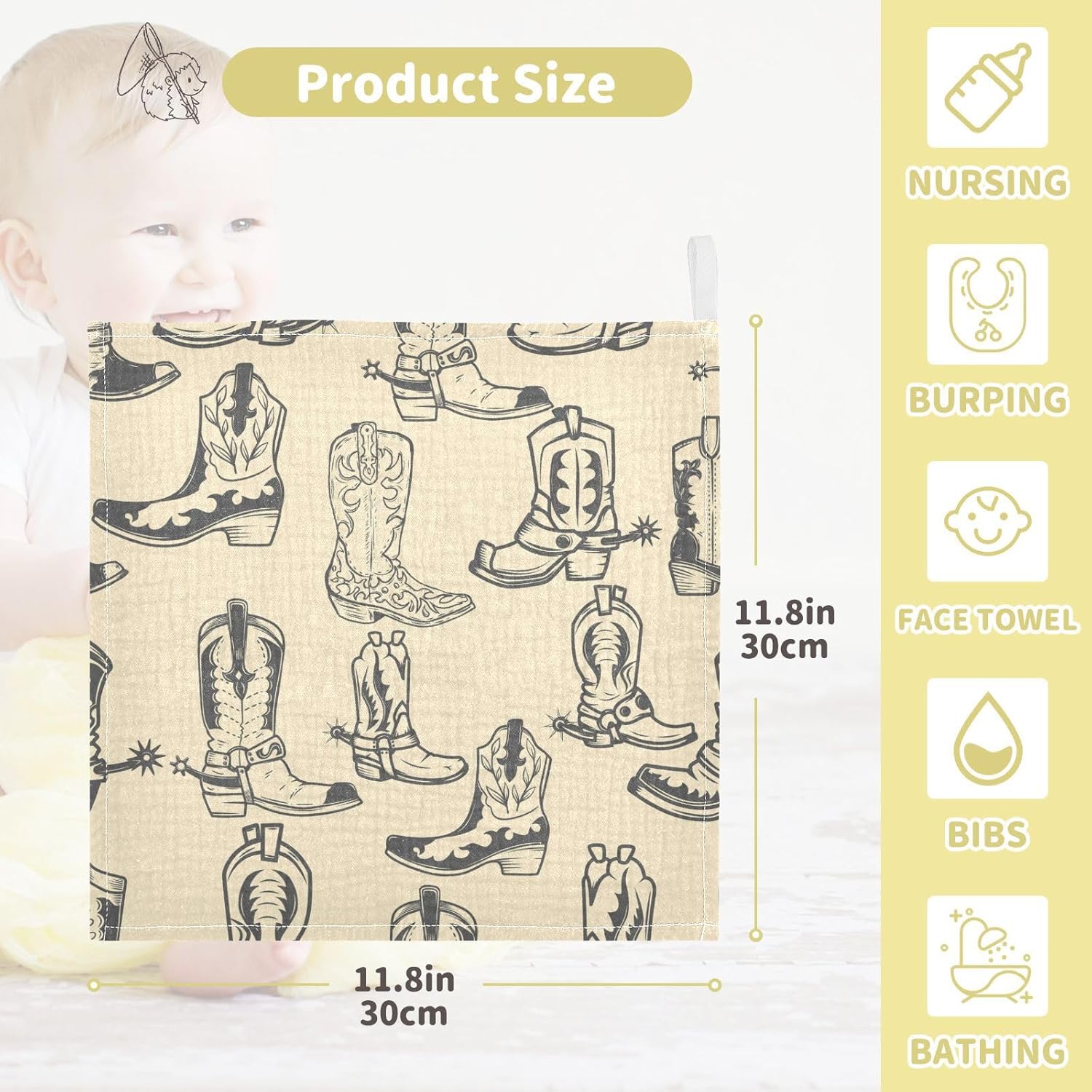 CUPADA Cowboy Boots Baby Muslin Washcloths 3 Pack
