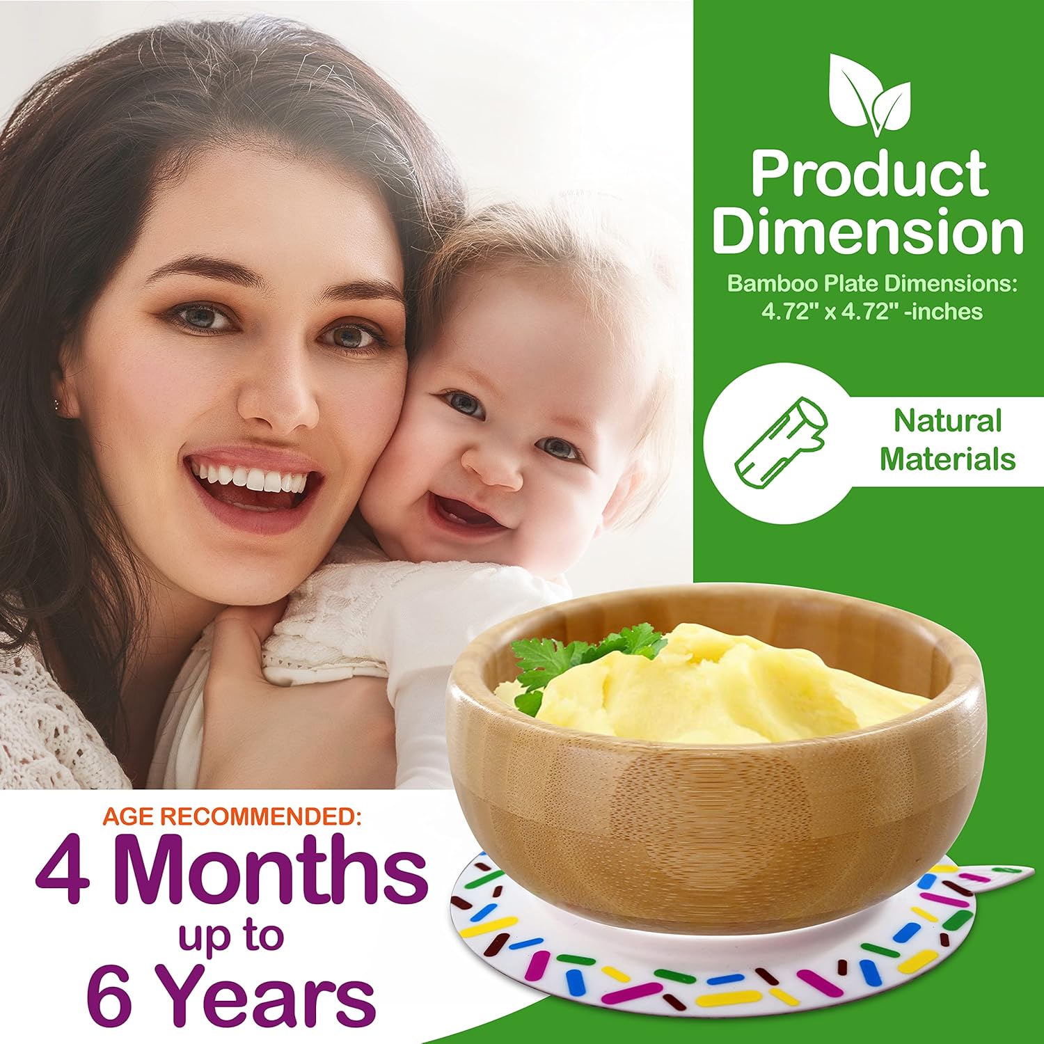 NutriChef Bamboo Feeding Bowl with Spoon and Suction Base