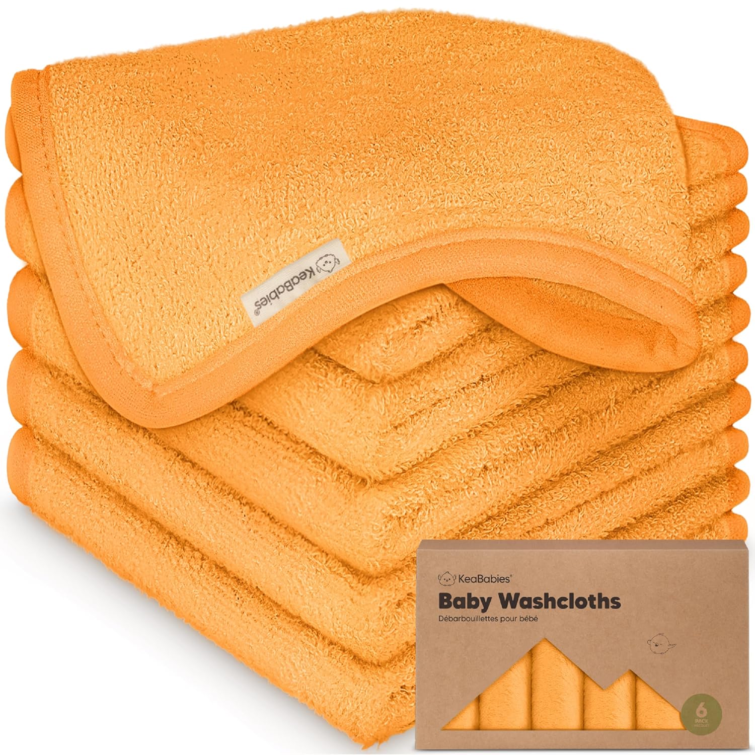 KeaBabies 6-Pack Bamboo Washcloths - Carrot 10x10 Soft for Babies