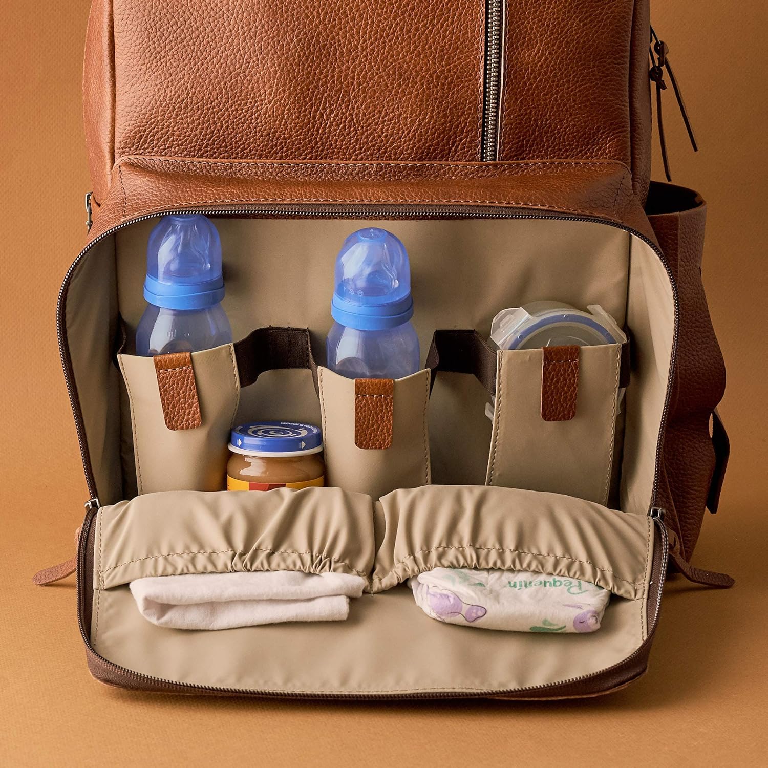 Tan Leather Diaper Bag Backpack for Mom and Dad