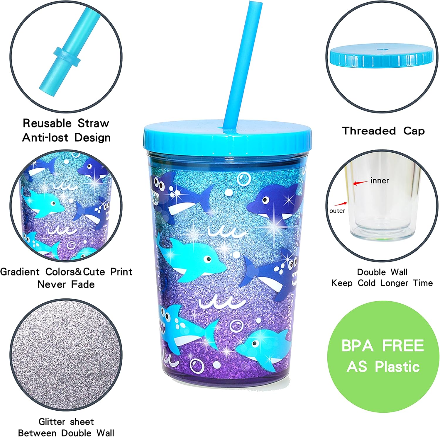 Home Tune 14oz Kids Tumbler 2 Pack - Flamingo Kitty Mermaid