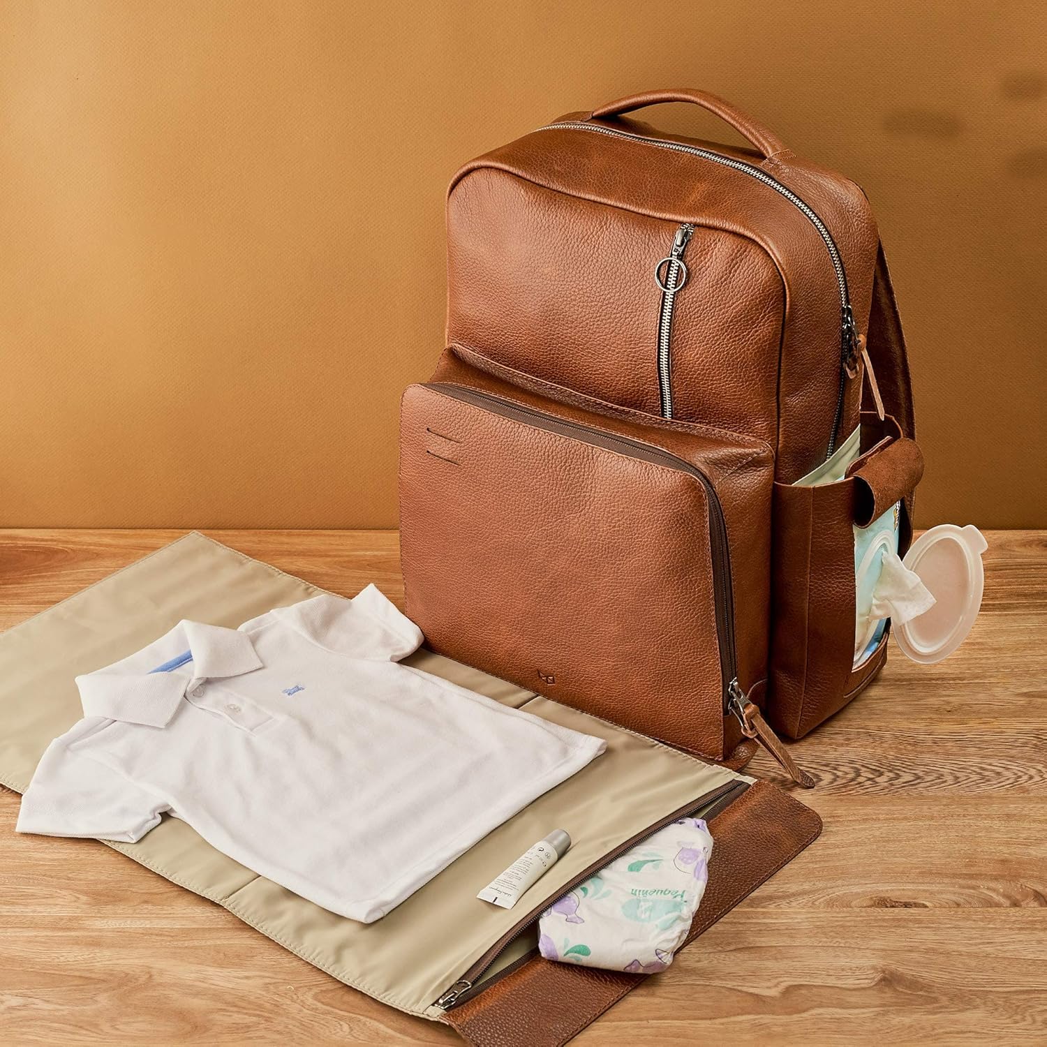 Tan Leather Diaper Bag Backpack for Mom and Dad